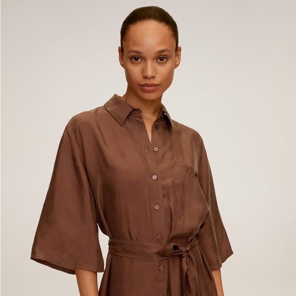 Mango MNG Chocolate Brown Dress Silky Satin Finish Cupro Button Front Size 4 - Picture 1 of 9